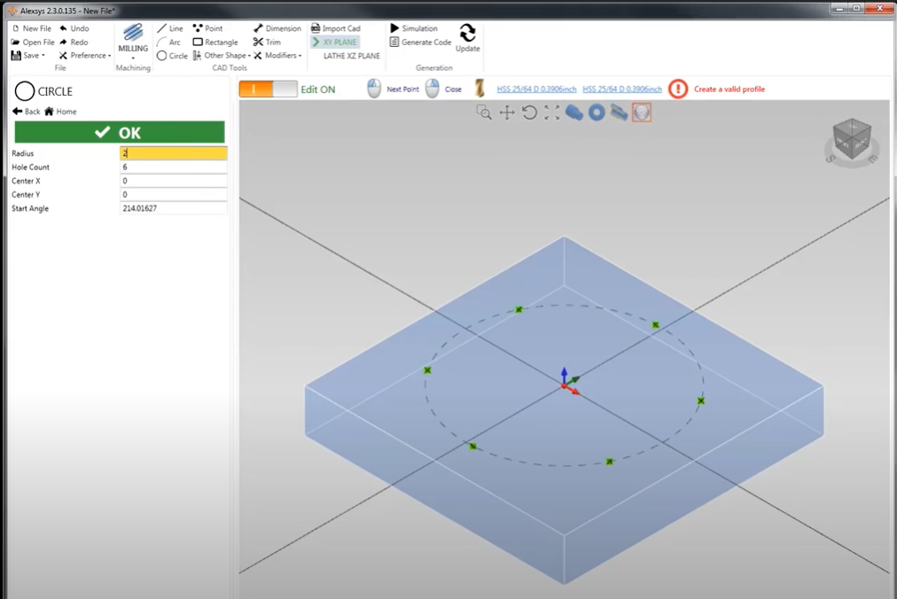 Entering hole radius and quantity in the Alexsys™ conversational control