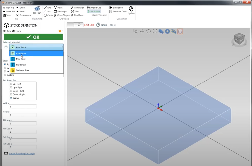 Selecting material and stock shape in the Alexsys™ conversational control