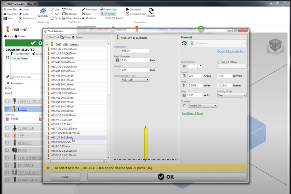 Selecting the cutting tool in the Alexsys™ conversational control